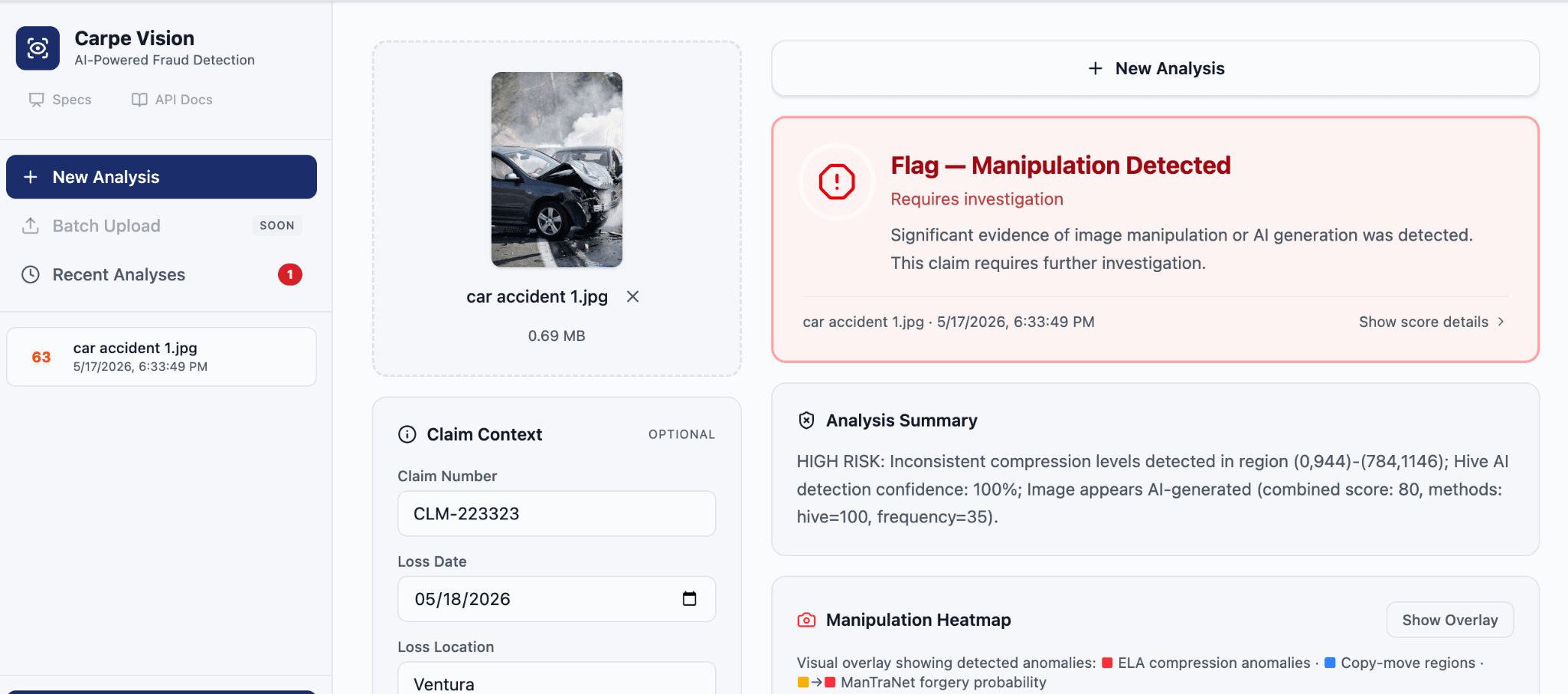 Carpe Vision analysis of a car accident photo flagging detected image manipulation alongside the claim context form and an AI-generated analysis summary
