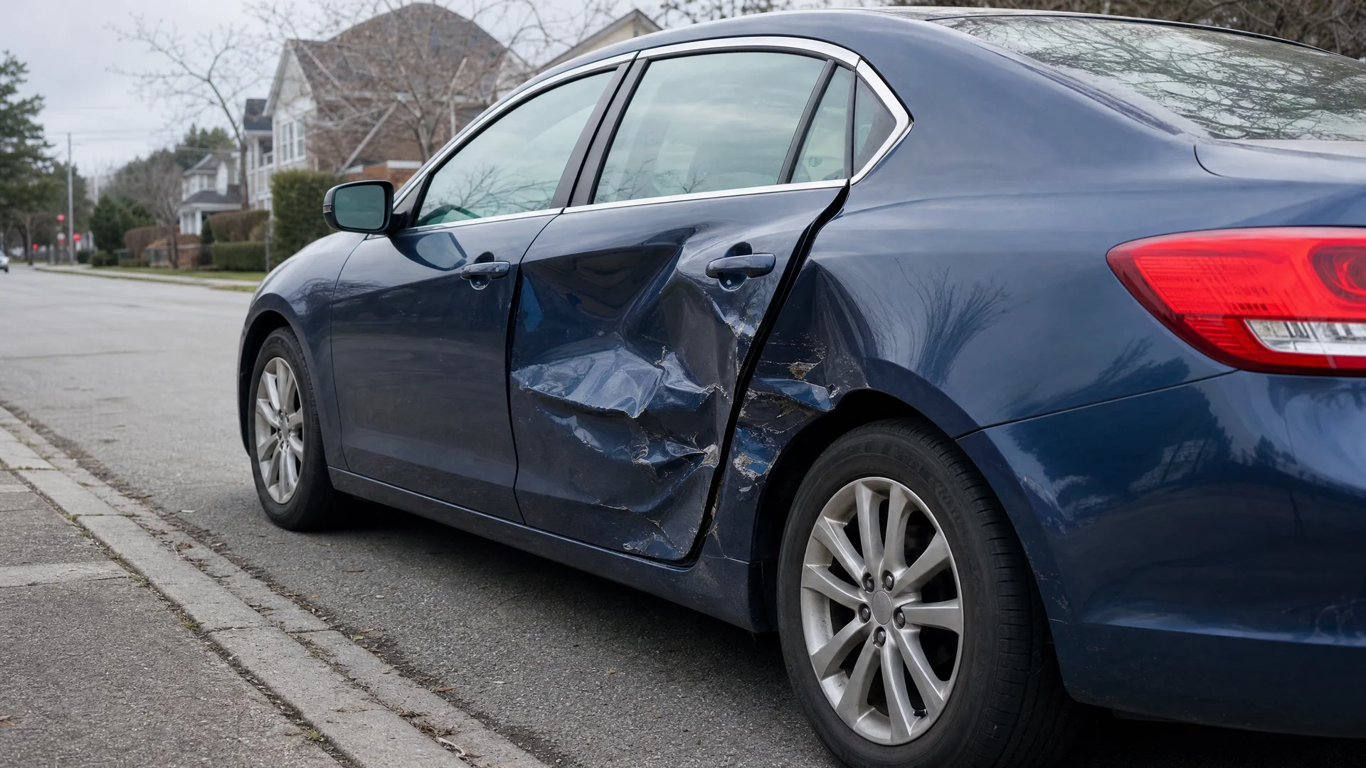 AI-generated image of a dark blue sedan with severe damage to its side panel on a suburban street
