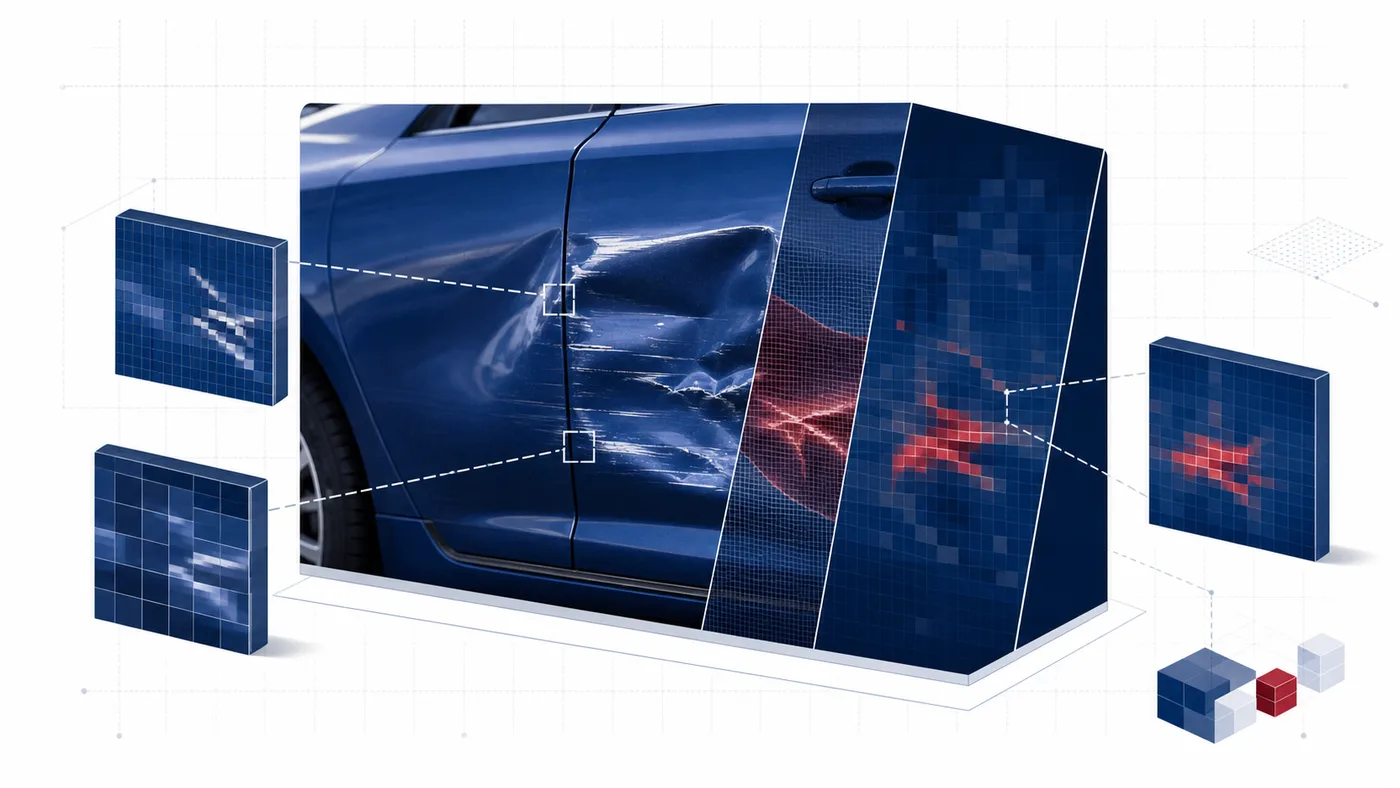 Pixel and compression analysis focused on a damaged vehicle panel