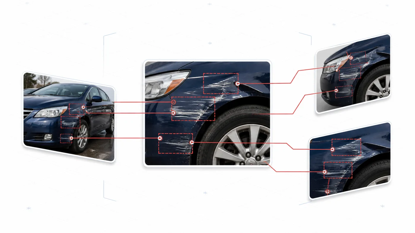 Explanation of reverse-image matching across several photos of similar vehicle damage