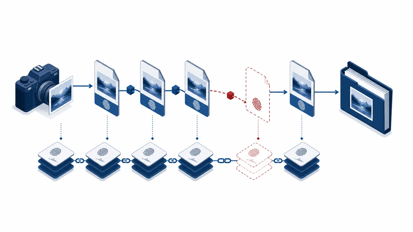 Signed provenance chain tracing an image from capture through later edits