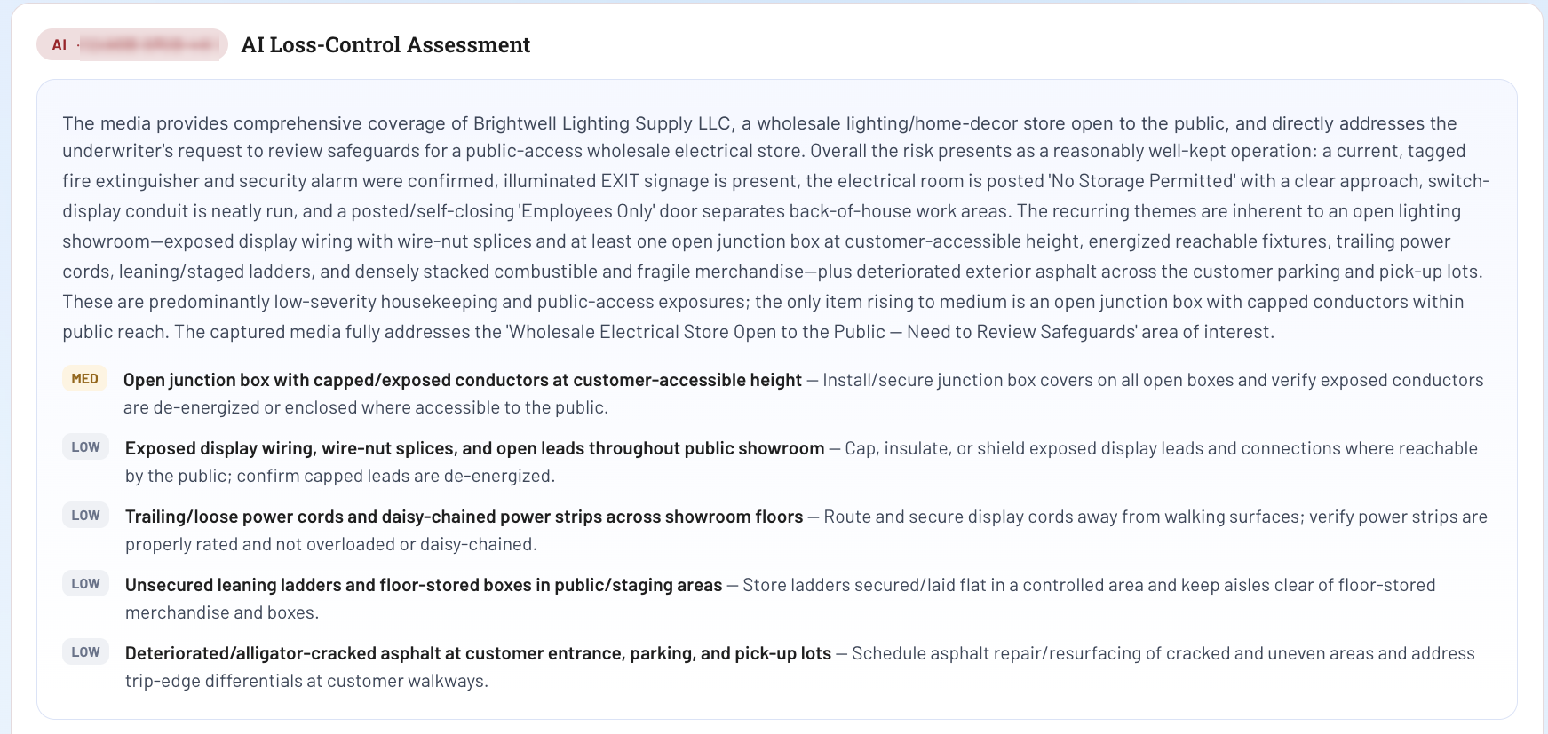 Carpe Loss Control AI Loss-Control Assessment summary, with a narrative overview of the surveyed business and a ranked list of issues carrying Medium and Low severity badges, each with a recommendation